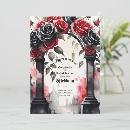 Gothic Red Black Rose bis zum Tod machen uns Teil Einladung (Stehend Vorderseite)