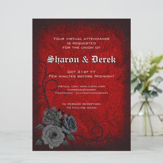 Gothic Red Black Rose Virtual Wedding Einladung (Stehend Vorderseite)