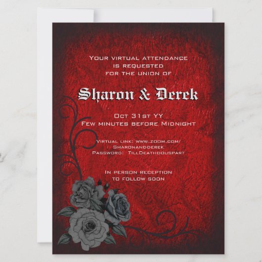 Gothic Red Black Rose Virtual Wedding Einladung (Vorderseite)