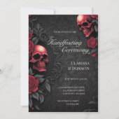 Gothic Red & Black Skull & Rose Damask Handfasting Einladung (Vorderseite)