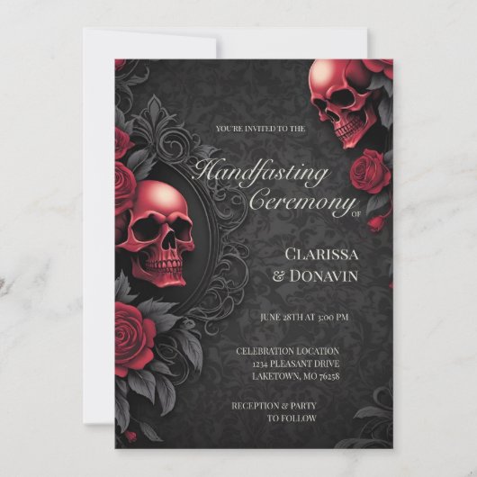 Gothic Red & Black Skull & Rose Damask Handfasting Einladung (Vorderseite)
