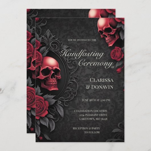 Gothic Red & Black Skull & Rose Damask Handfasting Einladung (Vorne/Hinten)