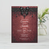 Gothic Red Bow Perlen Quinceañera Einladung (Stehend Vorderseite)