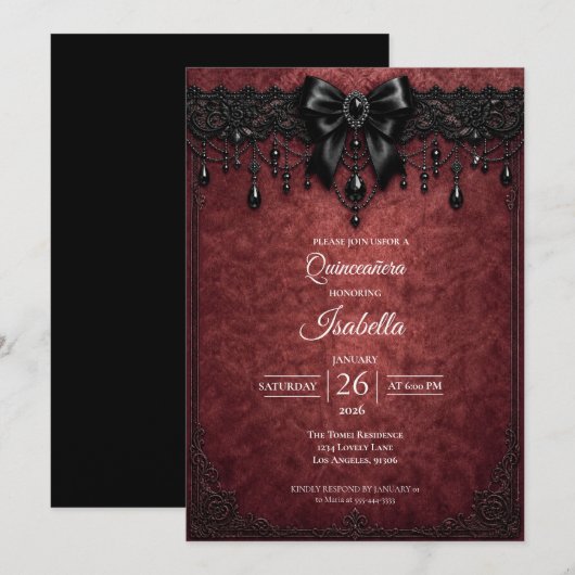 Gothic Red Bow Perlen Quinceañera Einladung (Vorne/Hinten)