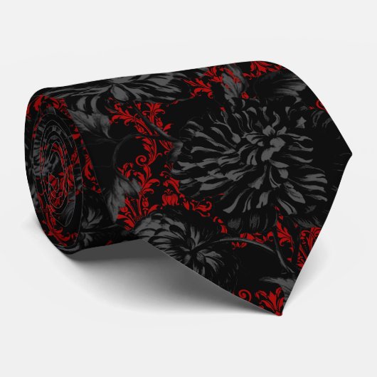 Gothic Red Damask Black Floral 2 Wedding Neck Tie Krawatte (Gerollt)
