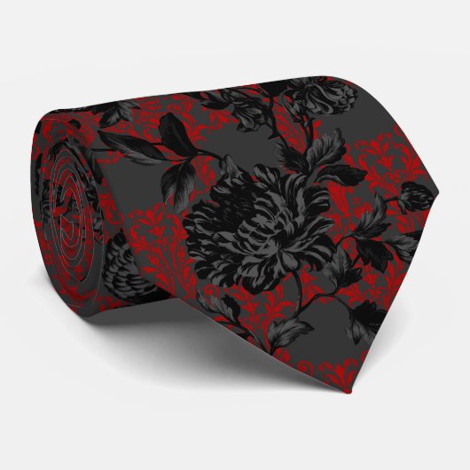 Gothic Red Damask Gray Black Floral Wedding Krawatte (Gerollt)