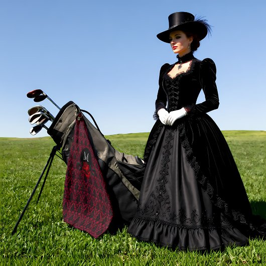 Gothic Red Damask Rose Monogram Golfhandtuch