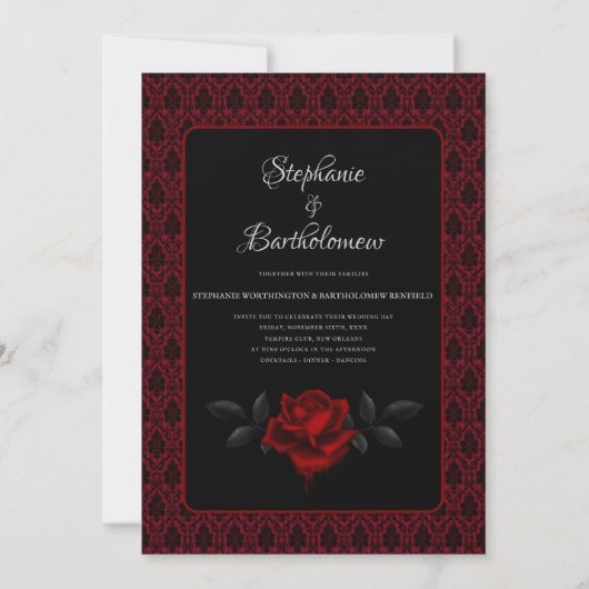 Gothic Red Damask Rose Wedding Einladung (Vorderseite)