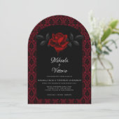 Gothic Red Damask Rose Wedding Einladung (Stehend Vorderseite)