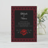 Gothic Red Damask Rose Wedding Einladung (Stehend Vorderseite)