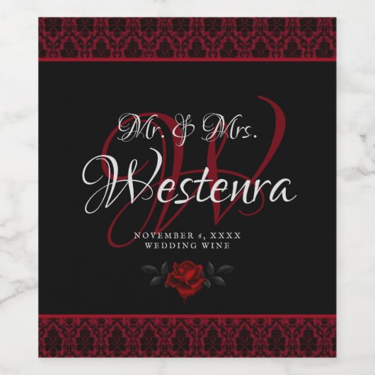 Gothic Red Damask Rose Wedding Weinetikett (Einzelnes Label)