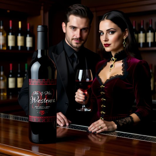 Gothic Red Damask Rose Wedding Weinetikett