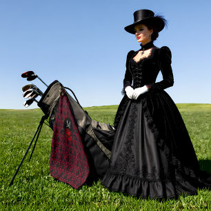 Gothic Red Damast Rosen Monogramm Golfhandtuch