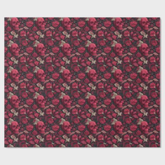Gothic Red Floral Skull Illustration Geschenkpapier (Flach)