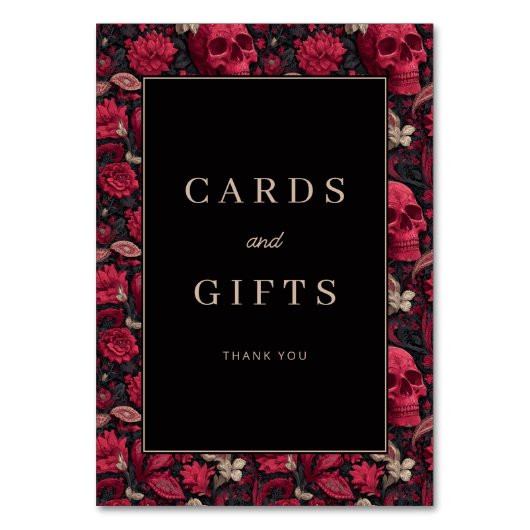Gothic Red Floral Skulls Border Tischnummer (Vorderseite)