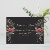 Gothic Red & Gold Floral Spider Web Handfasts Save The Date (Stehend Vorderseite)