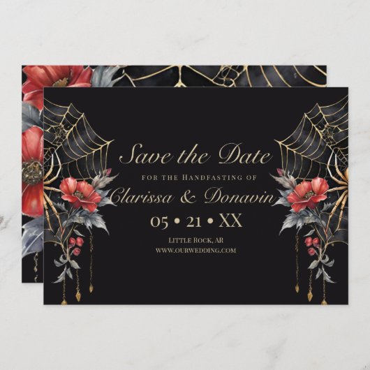 Gothic Red & Gold Floral Spider Web Handfasts Save The Date (Vorne/Hinten)
