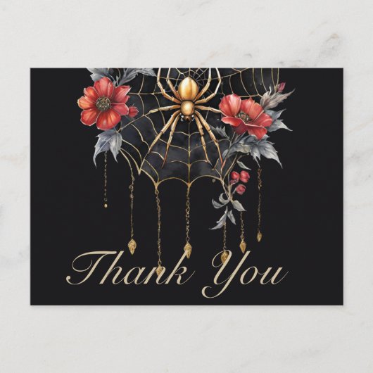 Gothic Red & Gold Floral Spiderweb Vielen Dank Postkarte (Vorderseite)