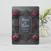 Gothic Red Gray Floral Foto Save the Date (Stehend Vorderseite)