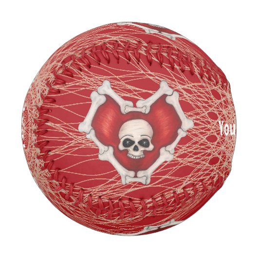 Gothic Red Heart umrissen in Knochen Skull Spirals Baseball (Vorderseite Links)
