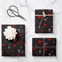 Gothic Red Hearts Black Flowers and Gray Skulls Geschenkpapier Set