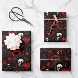 Gothic Red Hearts Black Flowers and Skulls Geschenkpapier Set