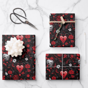 Gothic Red Hearts und Rosen  Geschenkpapier Set