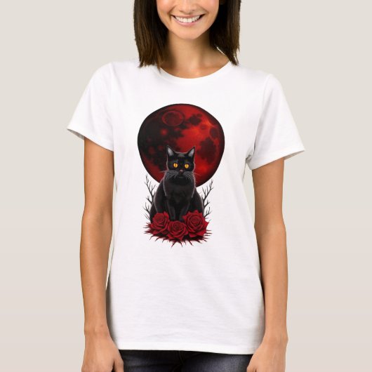 Gothic Red Moon and Black Cat Tshirt (Vorderseite)
