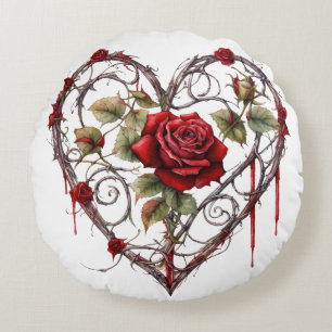 Gothic Red Rose Herz Reben Kunstwerk Vintage Elega Rundes Kissen