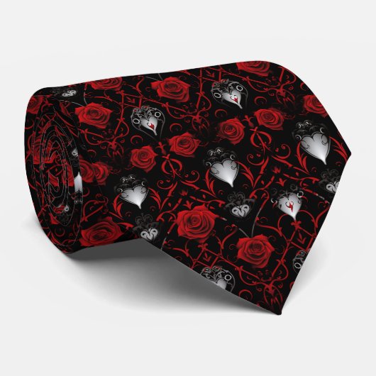 Gothic Red Roses Silberherzen Krawatte (Gerollt)