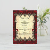 Gothic Red Silk and Gold Skulls Wedding Begleitkarte (Stehend Vorderseite)