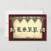 Gothic Red Silk and Gold Skulls Wedding RSVP Karte (Vorderseite)