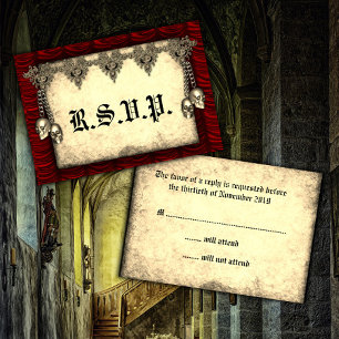 Gothic Red Silk and Gold Skulls Wedding RSVP Karte