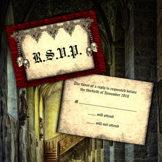 Gothic Red Silk and Gold Skulls Wedding RSVP Karte