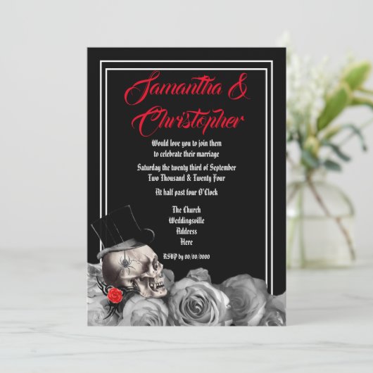 Gothic Rock oder Biker Black Hochzeit Einladung (Stehend Vorderseite)