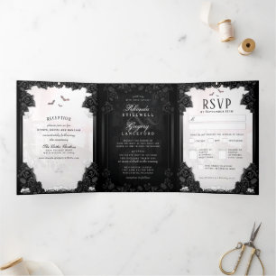 Gothic Romance B&W "Together with" MENU UAWG Dreifach Gefaltete Einladung