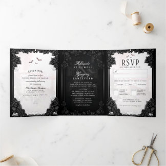 Gothic Romance Halloween Black & White MENU Dreifach Gefaltete Einladung