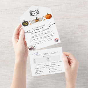 Gothic-Romantische Skeletthand Halloween-Hochzeit All In One Einladung