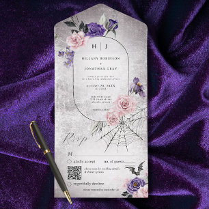 Gothic Rosa & Violette Blumen Halloween QR Code All In One Einladung