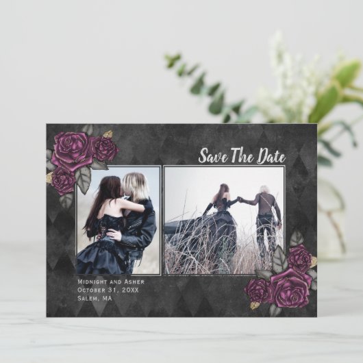 Gothic Rose 2 Foto Black Wedding Save the Date (Stehend Vorderseite)