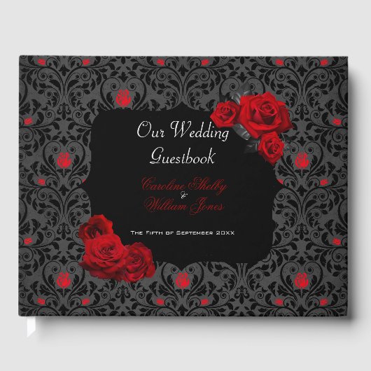 Gothic Rose Black and Red Wedding Einladung Gästebuch (Vorderseite)