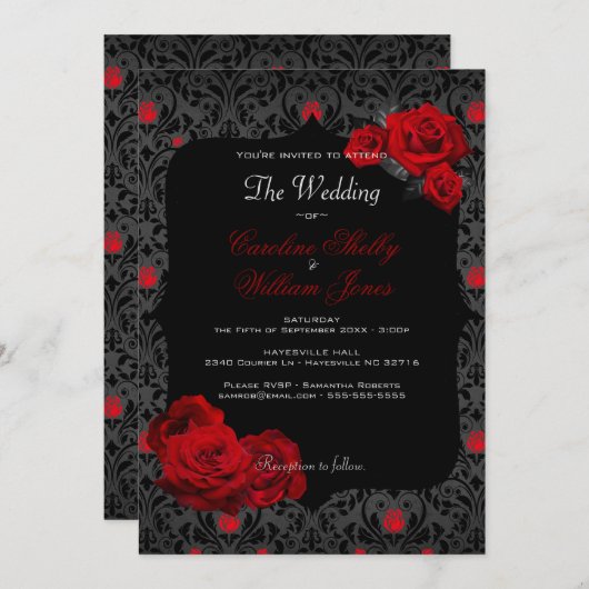 Gothic Rose Black and Red Weditation Einladung (Vorne/Hinten)
