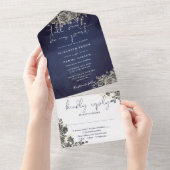 Gothic Rose Floral Midnight Blue Script Wedding All In One Einladung (Abreißen)