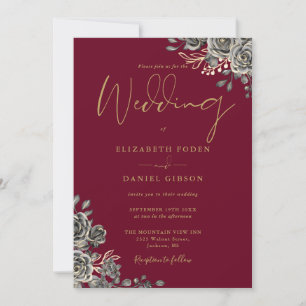 Gothic-Rosen Florale Burgunderrot und Gold Hochzei Einladung
