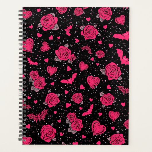 Gothic Roses & Bats Pattern | Hot Pink Dark Romanc Planer (Vorderseite)