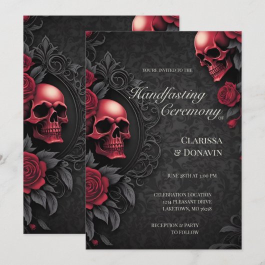 Gothic Rot & Schwarz Totenkopf & Rose Damast Handf Einladung (Vorne/Hinten)