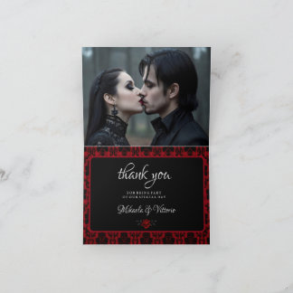 Gothic Rote Damast-Rosen-Hochzeit Dankeskarte
