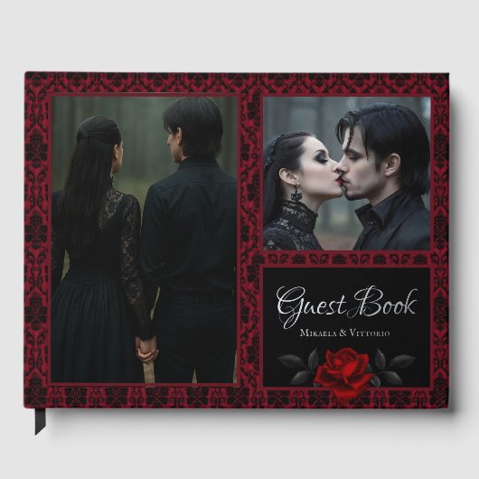 Gothic Rote Damast-Rosen-Hochzeit Gästebuch (Vorderseite)