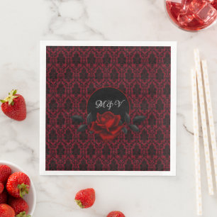 Gothic Rote Damast-Rosen-Hochzeit Serviette