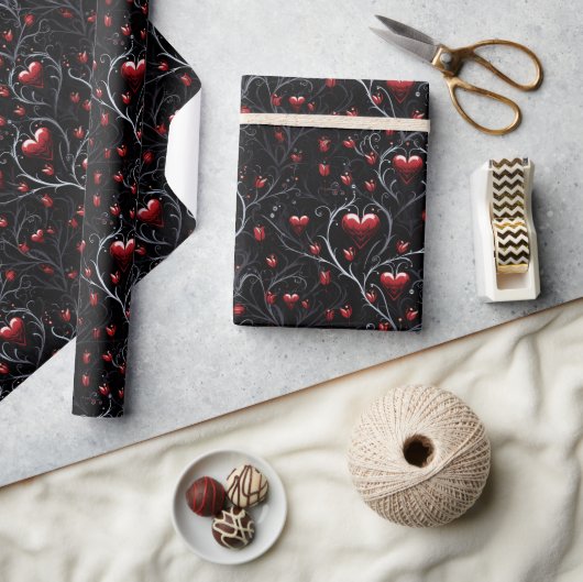 Gothic Rote Herzen Graue Metall Feine Linien Geschenkpapier (Basteln)